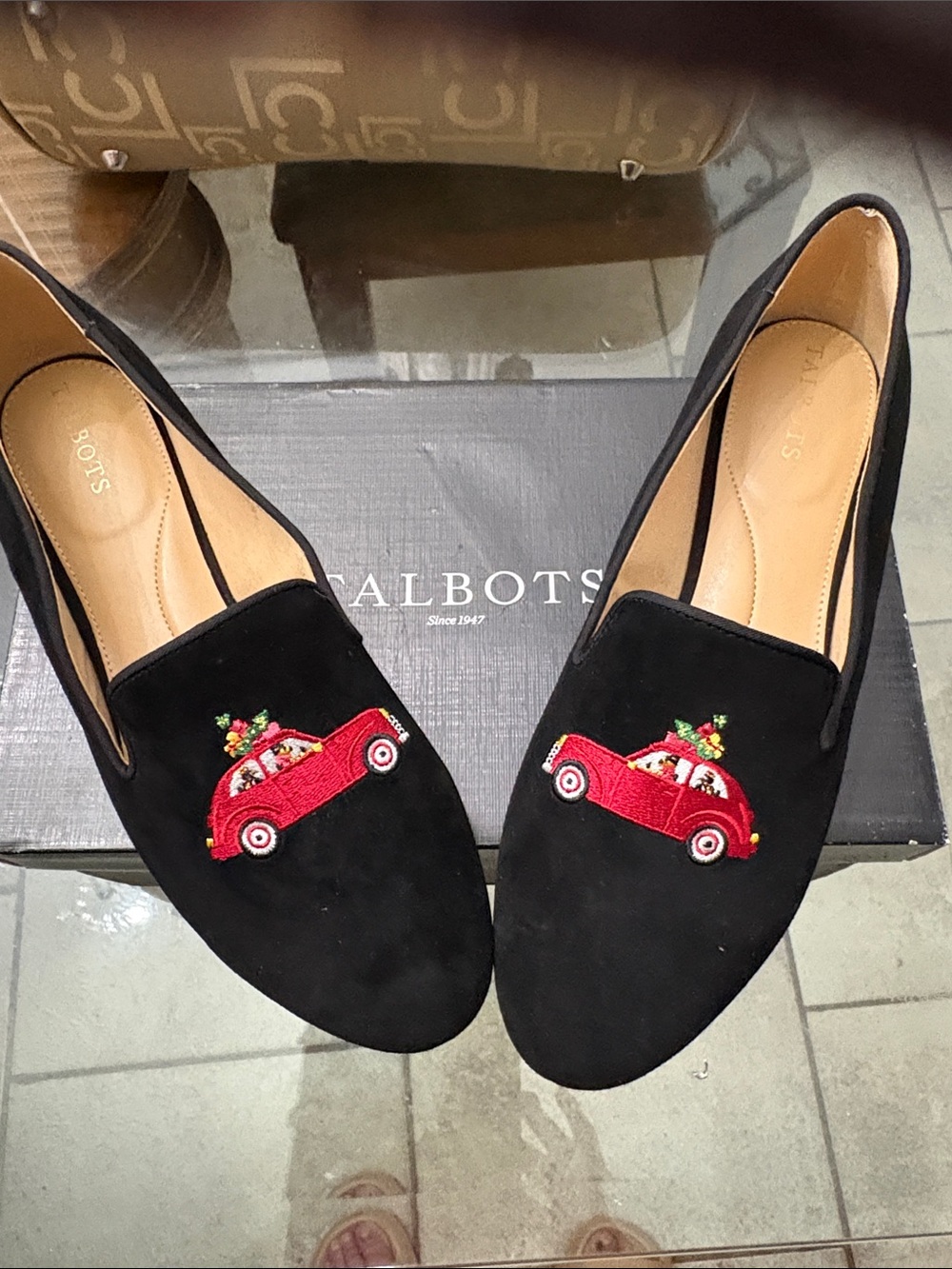 Talbots Black Suede Loafers with Red Car Embroidery